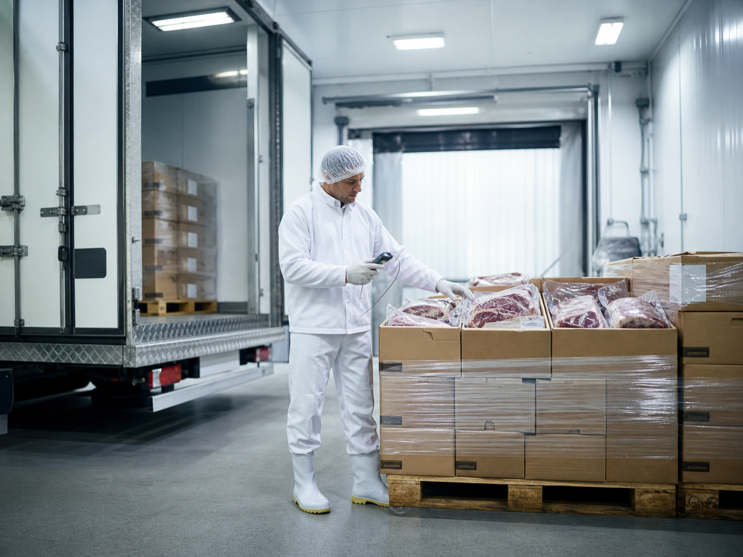Carnes embaladas sendo conferidas em operação refrigerada