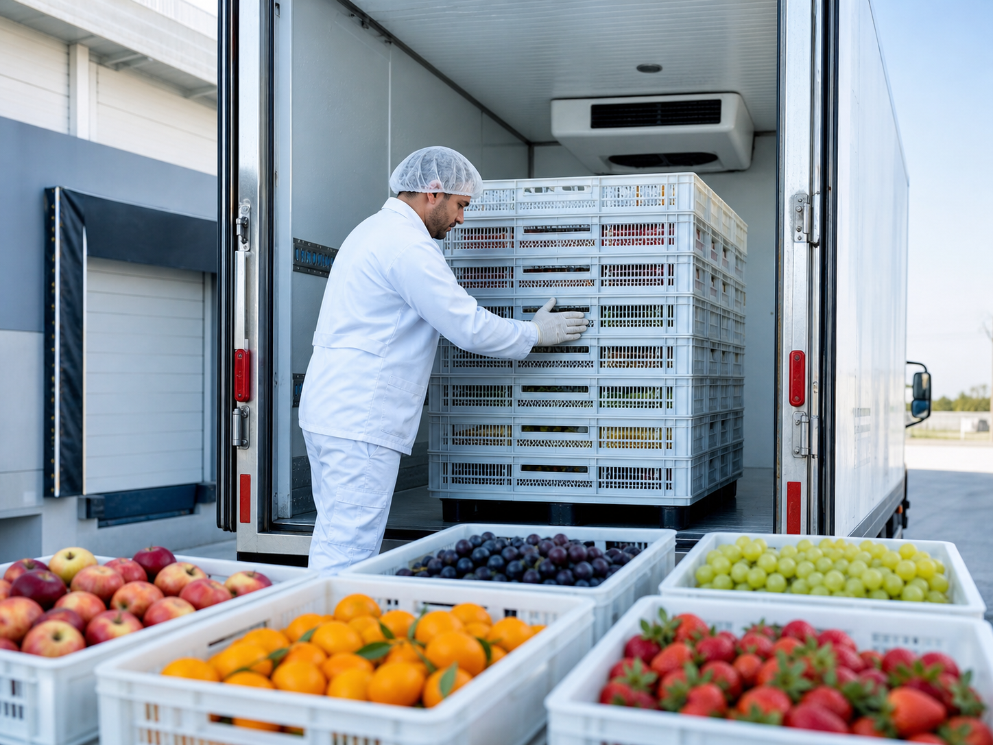 Frutas frescas sendo carregadas em um caminhão frigorífico